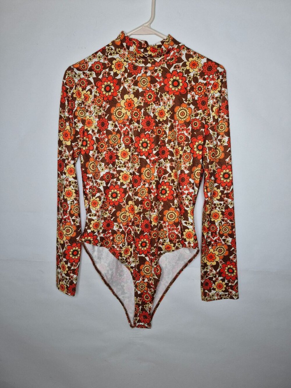 Shein Floral Boho Womens XL Long Sleeve Mock Neck Bodysuit Orange Brown Yellow